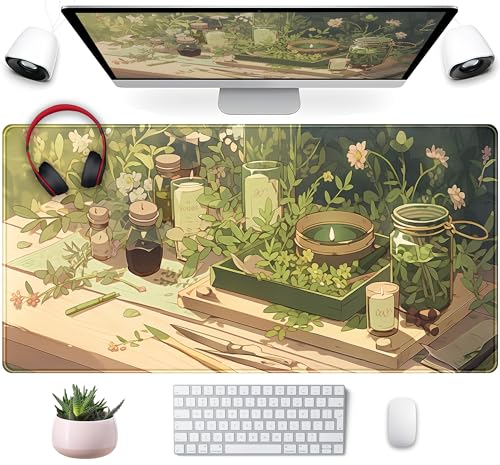 Cute Desk Mat Green Sage Mouse Pad Anime Forest XXL Large Extended Gaming Mousepad Desk Matt for Desktop Computer Pad Mat, Laptop Keyboard Mouse Mat Office Decor Accessories for Women, 31.5x15.7 in - color: Green Anime Forest