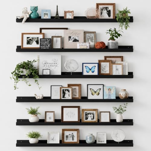 upsimples Floating Shelves for Wall, 47.3 Inch Shelves for Decor Storage Set of 6, Wall Mounted Wood Shelf for Bedroom, Living Room, Bathroom, Kitchen, Long Picture Ledge Shelves, Black - color: Black, size: 47.3in