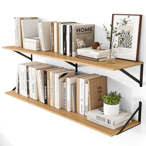Heimlove 12 Inch Deep Floating Shelves for Wall, 48W x 12D Wood Wall Shelves Set of 2, Rustic Oak Wide Floating Bookshelf for Living Room, Kitchen, Office, Bedroom, with Black Metal Bracke - Oak - color: Oak With Black Metal Bracket, size: 48wx12dx5.8h