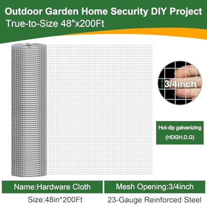 48in x 200ft Hardware Cloth Hot-Dip Galvanized Welded Wire Mesh - Heavy Duty 3/4inch 23 Gauge Chicken Wire Fencing for Garden, Chicken Coop, Rabbit Cage, Rodent & Predator Protection - size: 48in x 200ft
