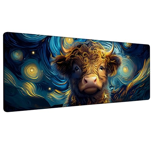 Starry Night Highland Cattle Gaming Mouse Pad Large Desk Mat Extended Keyboard Anime Mousepad with Non-Slip Base and Stitched Edge for Desk Home Office Gaming,31.5 x 11.8 Inch - color: Starry Night Highland Cattle, size: 11.8*31.5inch