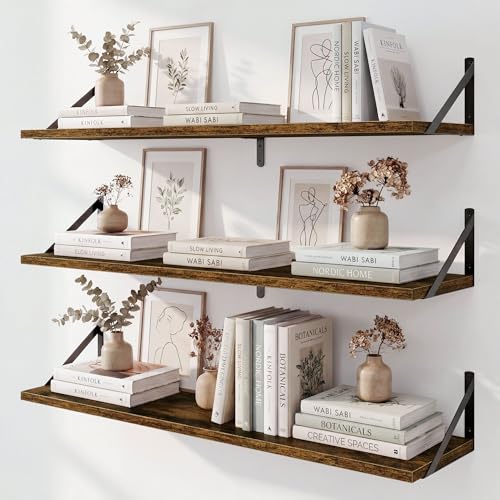 Fun Memories Long Wall Shelves for Bedroom, Set of 3 Large 40-Inch Floating Bookshelves, Rustic Wood Display Shelf for Home and Office (Rustic Brown) - color: Rustic Brown, size: 40"W x 8"D