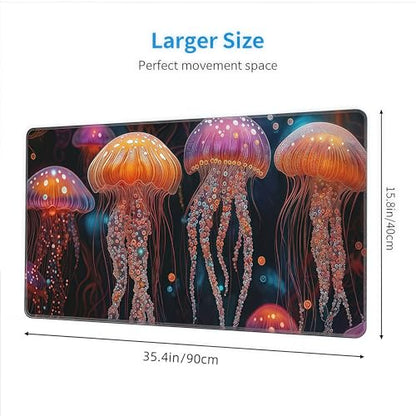 Large Fantasy Forest Jellyfish Gaming Mouse Pad - Blacklight Fairytale Waterproof Desk Mat, 35.4 X 15.8 Inch Extended Non-Slip Rubber Base for Office & Home - color: Fantasy Jellyfish
