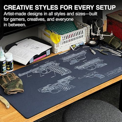 MPCO. Original Large Gaming Desk Mat – 36" x 17" Duraglyde Blueprints Pistol 38 – Blue Full Desk Mouse Pad for Smooth Precision – Non-Slip, Washable Extra-Large PC Mouse Pad for Gaming Sessions - color: Duraglyde Pistol 38 – Blue