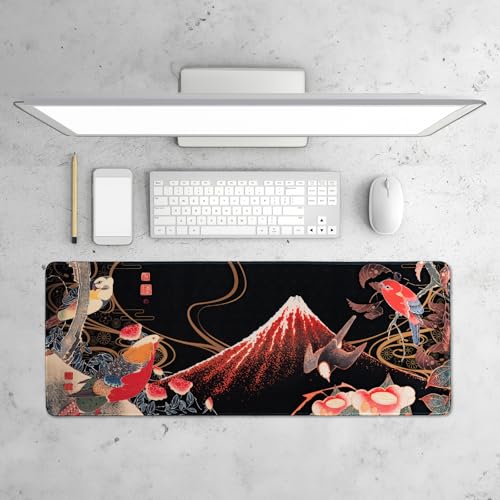 BELLEMOND Japanese Art Desk Mat | Large 31.5x11.8in Anime Mouse Pad for Keyboard & Mouse | Non-Slip Base, Water-Repellent | Original Japanese Design | Crimson Wings Over Fuji - color: Crimson Wings Over Fuji