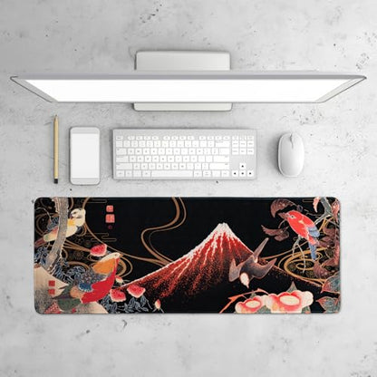 BELLEMOND Japanese Art Desk Mat | Large 31.5x11.8in Anime Mouse Pad for Keyboard & Mouse | Non-Slip Base, Water-Repellent | Original Japanese Design | Crimson Wings Over Fuji - color: Crimson Wings Over Fuji