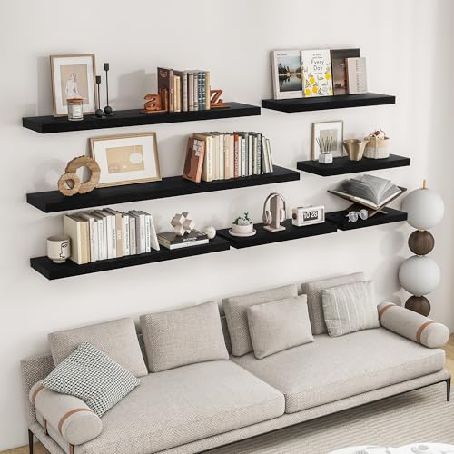 RICHFOCUS 72Inch Floating Shelves for Wall 2 Pack Shelves for Bedroom|Kitchen|Bathroom Wall Mounted Rustic Wood Floating Shelf with Invisible Brackets for Books|Storage|Decor, Black - color: Black, size: 72"L x 8"D, Set of 2