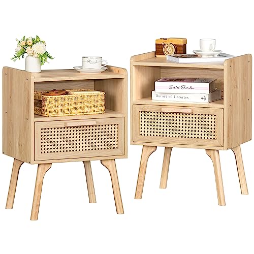 Lerliuo Rattan Nightstands Set of 2, Boho Side Table with Drawer Open Shelf, Cane Accent Bedside End Table with Solid Wood Legs for Bedroom, Dorm and Small Spaces (Natural) - color: Natural, size: 2 pack