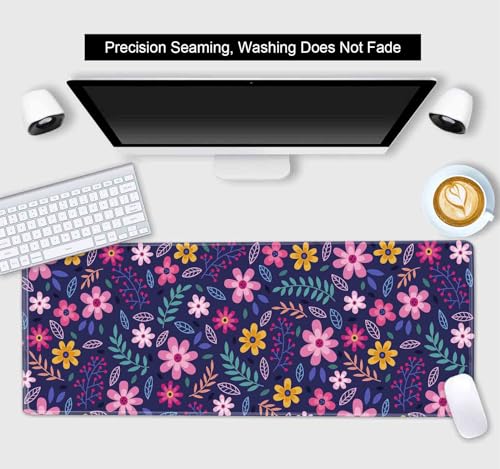 Purple Pink Flowers Desk Mat, Daisy Floral Extended Large Gaming Mouse Pad, Non Slip Rubber Base Stitched Edge Desktop Desk Pad for Computer, Christmas and Thanksgiving Gifts, 31.5 x 11.8 in - color: Pink Flowers on Blue