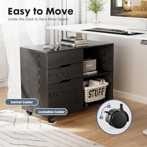 DUMOS File Cabinet with 3 Drawers, Wood Under Desk Storage Printer Stand | Rolling Lateral Filing Cabinet with Adjustable Shelves for Home Office Study Organization,Black - color: Modern Black