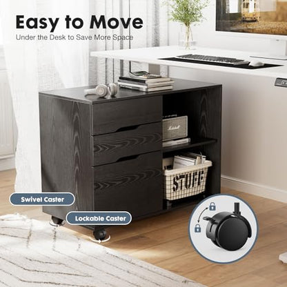 DUMOS File Cabinet with 3 Drawers, Wood Under Desk Storage Printer Stand | Rolling Lateral Filing Cabinet with Adjustable Shelves for Home Office Study Organization,Black - color: Modern Black