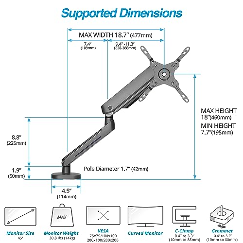 AVLT Single 27”-45” RGB Gaming Monitor Arm Desk Mount Built-in 20 Lighting Modes Touch Button Control Fits Flat/Curved/Ultrawide Screens Height Swivel Tilt Rotation Adjustable Stand -Dark Gray - color: Dark Gray - Single