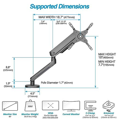 AVLT Single 27”-45” RGB Gaming Monitor Arm Desk Mount - Dark Gray | 20 Lighting Modes Touch Button Control Fits Flat/Curved/Ultrawide Screens Height Swivel Tilt Rotation Adjustable Stand - color: Dark Gray - Single