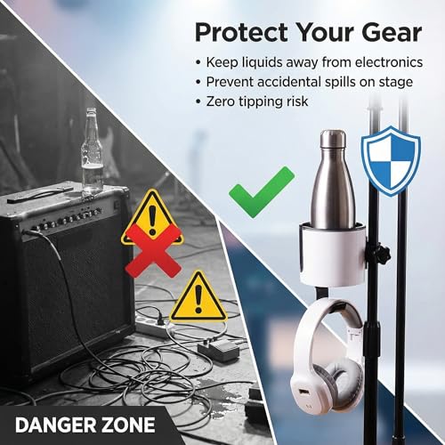 2-in-1 Microphone Stand Cup Holder with Headphone Hanger, Vertical Mount Clamp for Musicians, Studios, Live Performance, Professional Audio Accessories