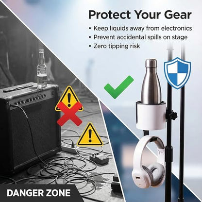 2-in-1 Microphone Stand Cup Holder with Headphone Hanger, Vertical Mount Clamp for Musicians, Studios, Live Performance, Professional Audio Accessories