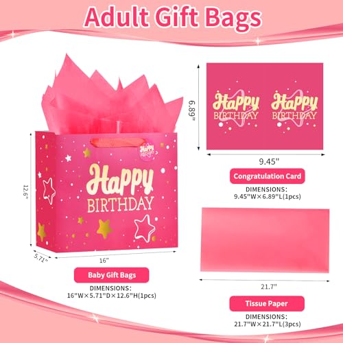 16" Pink Happy Birthday Gift Bag with Tissue Paper and Greeting Card for Party,Happy Birthday Gift Bag for Men Women,Gift Bags Extra Large(1 PCS Pink Hot Stamping) - color: 1 PCS Pink Hot Stamping, size: 5 count (Pack of 1)