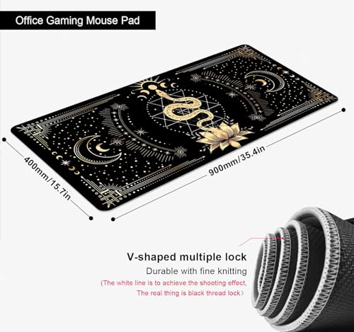 Black & Gold Large Mouse Pad, Boho Snake Witch Desk Mat for Desktop, Women Gaming Full Desk Mousepad, Moon Phases Computer Laptop Protector Writing Pad for School Office Home 35.4x15.7 in - color: Black & Gold Snake