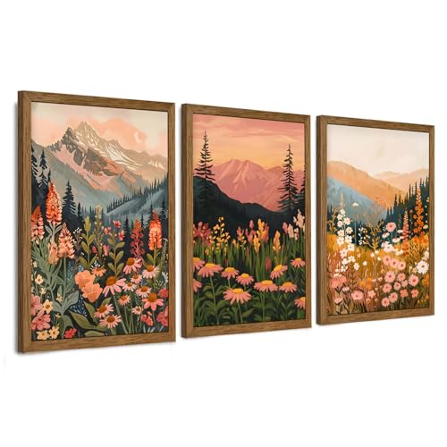 InspiredHues Colorful Landscape Boho Canvas Wall Art Set, 3 Piece Wildflower Mountain Wall Decor, Vintage Floral Rustic Nature Artwork Prints for Living Room Bedroom Office 16x24 Inch Wood Framed - color: Landscape, size: 24"L x 16"W