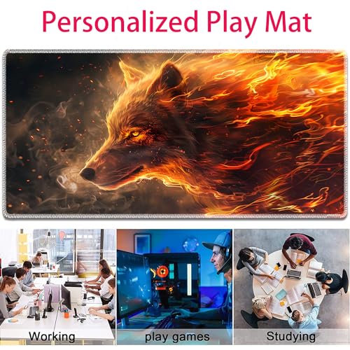 MTG Playmat, Smooth Surface Game Play Pad MTG TCG 24 x 14 inch with Storage Bag, Non-Slip Mouse Pad Card Fighting Game, Fire Wolf - color: Fire Wolf