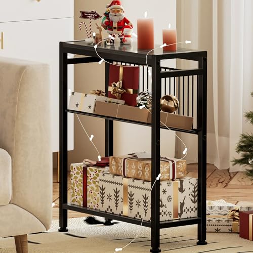 End Table for Small Space, 3-Tier Narrow Side Table with Magazine Holder,Slim Nightstand, Skinny Snack Couch Table in Living Room, Bedroom Study and Balcony (Grey) - color: Grey