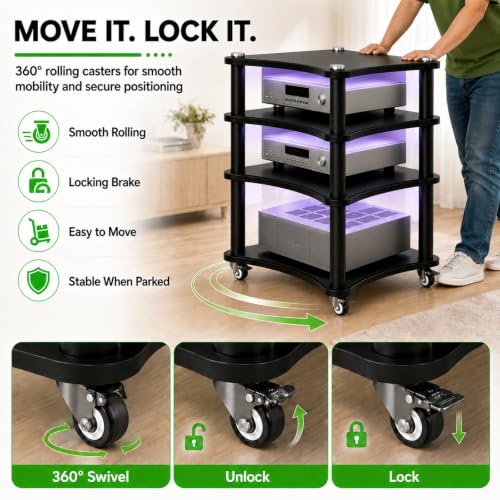 4-Tier AV Media Stand with LED Lights, Heavy Duty Mobile Stereo Cabinet Stand with Wheels, Wooden Stereo Rack, Audio Rack Furniture Perfect for DVD Player/Game Console (with Lights, 4 Tier) - color: With Lights, size: 4 Tier