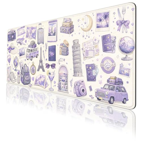 Travel Collage Gaming Mouse Pad Pastel Purple Paris Large Desk Mat Waterproof Stitched Edges Rubber Base Non-Slip Deskmap Computer Keyboard Mat Office Computer Keyboard Laptop 31.5"x11.8" - color: Travel Collage