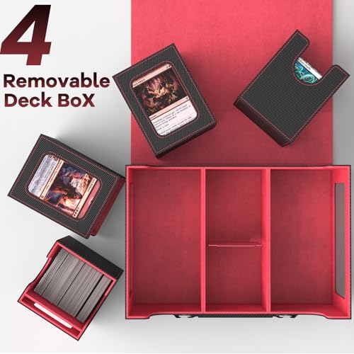 Commander Deck Box for MTG Fits 400+ Double-Sleeved Card Storage, 4 IN 1 Removable Card Case with Multi-purpose Deck Case, Display Window for TCG/PTCG/EDH, 4 Magnetic One Touch Holders(Black Red) - color: Black Red