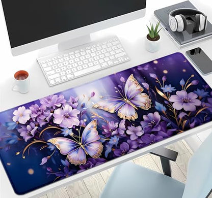 IMAYONDIA Gold Butterfly Desk Pad, Purple Flowers Large Mousepad, Floral Desk Mat, Modern Beutiful Extended Mouse Pads for Laptop, Computer Pad for Women Girls Office, 31.5x11.8 in - color: Purple Butterfly
