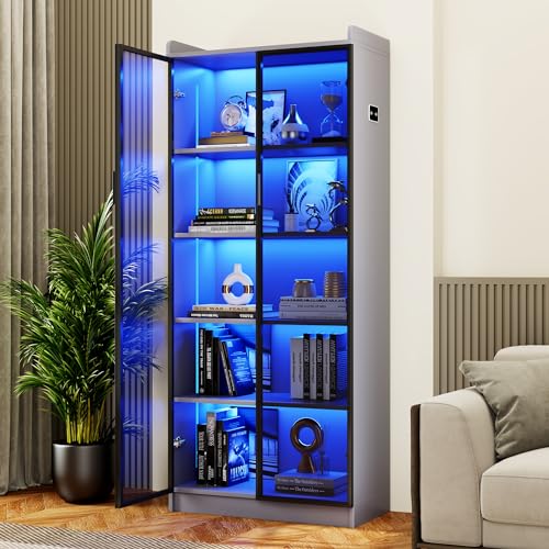 Dystler 65" Tall 5-Tier Display Cabinet with Doors and Adjustable Shelves | Curio Case Bookcase for Collectibles & Models, Motion Sensor LED Lights for Bedroom Living Room Office, Grey - color: Grey-smoked Black Doors