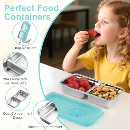 KITHELP 4 Pcs Grab and Go Snack Containers Reusable with Lids, Double Compartment Snack Containers with 2 Forks 2 Spoons, Stainless Steel Snack Container for Camping, Lunch, Dessert - color: Blue