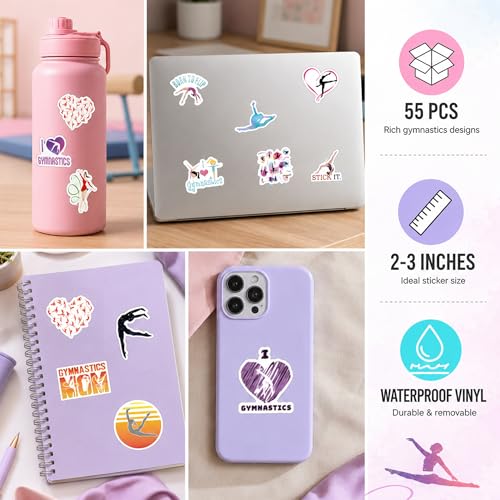 DETICKERS Gymnastics Stickers for Girls Teen Gymnasts 55 PCS Waterproof Vinyl Sports Stickers Gifts - style: Gymnastics