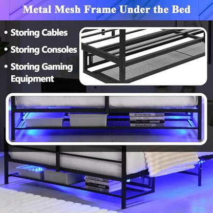 Anwick Full Gaming Bed with TV Lift and LED Lights, Metal Bed Frame with TV Mount for 13-42 Inch TVs, Twin Bed with Storage and Ventilated Console Rack (Full)