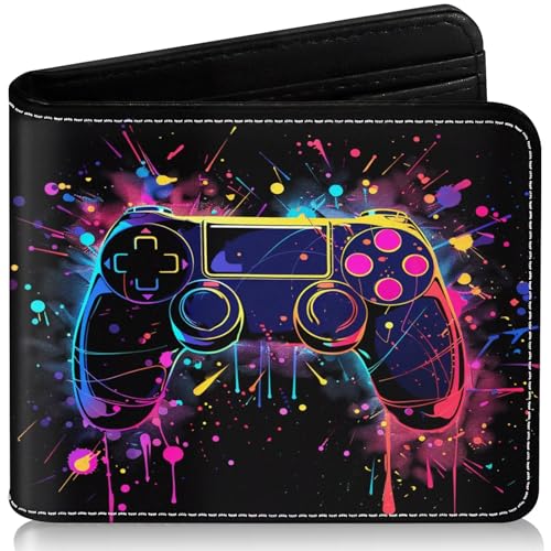 EXXBYELI Boys Wallet for Kids, Cool Kids Gamer Wallet for Boys Ages 8-10 9-12 11-15 with Credit Id Card Cash Holder Black Rfid Blocking Zipper For Teen Youth Guys Teenager Birthday Gifts Ideas - color: game-Watercolor line handle