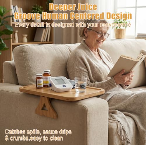 Couch Arm Tray, 13" × 9" Bamboo Foldable Sofa Armrest Table Tray Clip-On Desk for Eating TV Snacks Drinks Phone Remote, Natural Wood Wooden Holder Side Table for Armchair Recliner Small Spaces