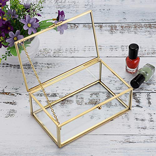 Hipiwe Vintage Glass Keepsake Box, Rectangle Jewelry Display Organize Vanity Lidded Box Home Decor Accent Decorative Box for Storage Trinket Rings Bracelet - color: Gold, size: Small