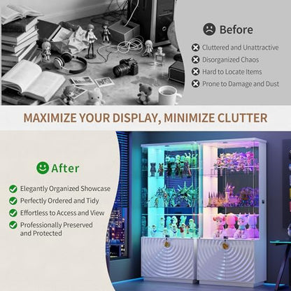 Lvifur 4-Tier Display Cabinet with Glass Doors,71''H Lockable Curio Cabinet with RGB Lights for Collectibles,White Glass Display Cabinet with Human Body Sensor,Glass Shelves,Living Room - color: White-rgb Lights
