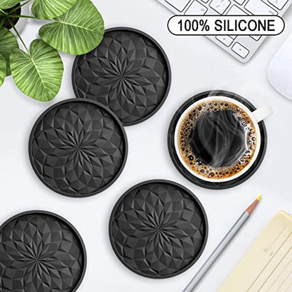 ME.FAN Silicone Coasters with Holder,[6 Pack] Drinking Coasters - Cup Mat for Hot or Cold Drinks, Thickened, Non-Slip, Non-Stick,Deep Tray Black - color: Black
