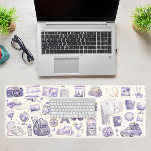 Travel Collage Gaming Mouse Pad Pastel Purple Paris Large Desk Mat Waterproof Stitched Edges Rubber Base Non-Slip Deskmap Computer Keyboard Mat Office Computer Keyboard Laptop 31.5"x11.8" - color: Travel Collage