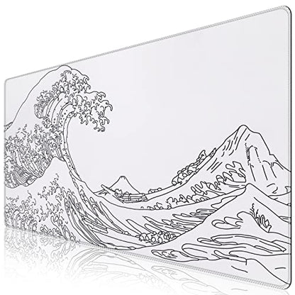 iCasso White Mouse Pad, Extended Gaming Mouse Pad (35.4x15.7 in), Large Stable Rubber Base Mousepad with Stitched Edges, Keyboard Mouse Mat Desk Pad for Work, Game, Office, Home - color: White Wave of Kanagawa