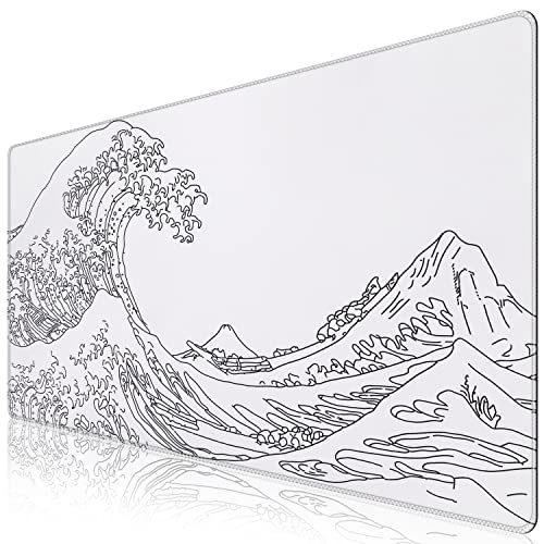 iCasso White Mouse Pad, Extended Gaming Mouse Pad (35.4x15.7 in), Large Stable Rubber Base Mousepad with Stitched Edges, Keyboard Mouse Mat Desk Pad for Work, Game, Office, Home - color: White Wave of Kanagawa