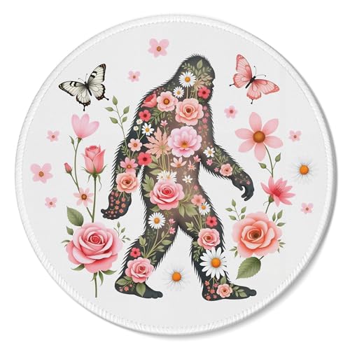 Bigfoot with Floral Round Mousepad, Bigfoot Flowers Gifts Mouse Pads for Desk Home Office Computers Laptop Accessories, Funny Flowers Butterflies Gifts Office Decor for Women, 7.9x7.9 Inch - color: 06 Color