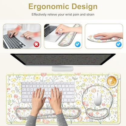 Desk Mat, 4in1 Large Mouse Pad with Wrist Rest, Cute Desk Mat, Anti-Slip XXL Computer Ergonomic Mousepad with Wrist Support for Keyboard and Mouse, Nice Yellow Flowers - color: Nice Yellow Flowers