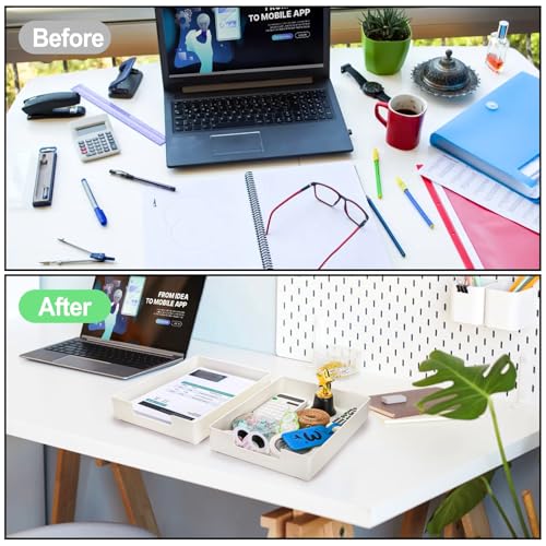 Eorbow 3 Pack Letter Tray, Plastic Stackable A4 Paper Trays, Rectangular Desk Drawer Organizer, File Holder for Desktop, Office Supplies Storage, White