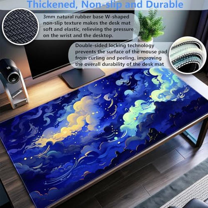Galaxy Cloud Mouse Pad XXL - Extended Celestial Art Keyboard Desk Mat | Stunning large desk pad featuring a magical glowing cloud sea design. Perfect for cozy gaming and office setups. - color: Dark blue clouds