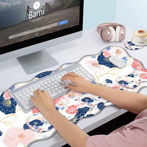 Bxgolkgd Desk Mat Set,Mouse Pad with Keyboard Wrist Rest & Mouse Wrist Rest,Wave-Shaped Design,Non-Slip Rubber Base,Ergonomic Desk Mat for Home,Office,Gaming,Abstract Flowers - color: Abstract Flowers