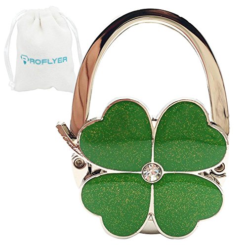 ROFLYER Four Leaf Clover Design Foldable Handbag Hanger Folding Purse Table Hook Holder, with Velvet Pouch(Green) - color: Green