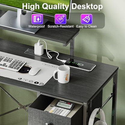 X-cosrack 33.5" Small Gaming Desk with LED Lights & Power Outlets, Compact Computer Desk with Monitor Stand & CPU Stand, Gamer Table with Storage Drawer, Side Hooks for Home Office, Bedroom, Black - size: 33.5" Black