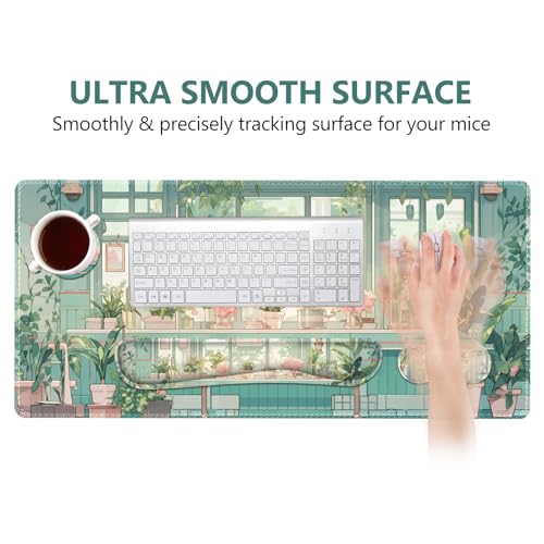 DINKY Large Mouse Pad and Keyboard Wrist Rest Set, Extended Desk Mat Keyboard Wrist Rest, 4in1 Ergonomic Memory Foam Desk Mat Protector Blotter for Home Office-Nice Green Window - color: Nice Green Window