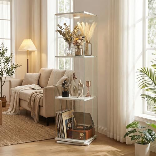 Glass Display Cabinet with Rotating Base, Curio Cabinet with LED Light, 3-Shelf Tempered Glass Display Case for Collectibles, Curio Display Cabinet forLiving Room,Home Decor, White - color: White, size: 1-Door 3-shelf-LED-Rotation