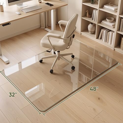 Tempered Glass Chair Mat for Hardwood Floor, 32" x 48" Heavy Duty Glass Office Chair Mat, for Low Pile Carpet, 0.2" Thick with 4 Non-Slip Pads, Smooth Rolling for Home & Office - size: 32" x 48"
